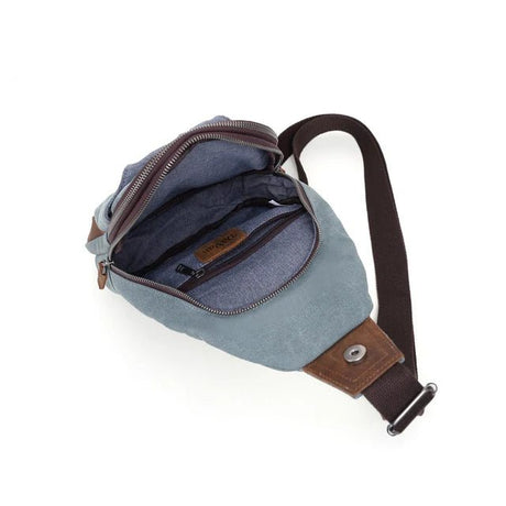 Blue sling bag with brown strap on a white background - okotoks hc pharmacy