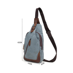 Gray crossbody bag with brown accents and measurements on a white background - okotoks hc pharmacy