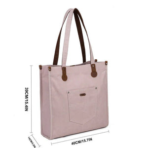 pink tote bag with brown straps and measurements on a white background - okotoks hc pharmacy