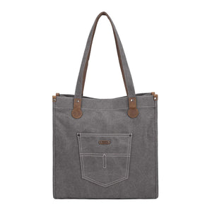 Gray tote bag with brown leather accents on a white background - okotoks hc pharmacy