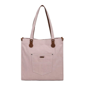 pink tote bag with brown leather accents on a white background - okotoks hc pharmacy