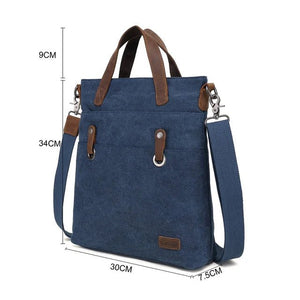 Blue handbag with brown straps and measurements on a white background - okotoks hc pharmacy