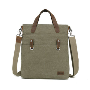Green canvas bag with brown leather straps on a white background - okotoks hc pharmacy