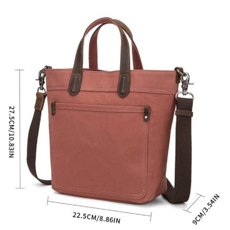 Brown handbag with measurements on a white background - okotoks hc pharmacy