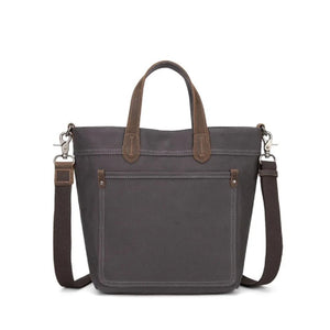 Gray handbag with brown accents on a white background - okotoks hc pharmacy