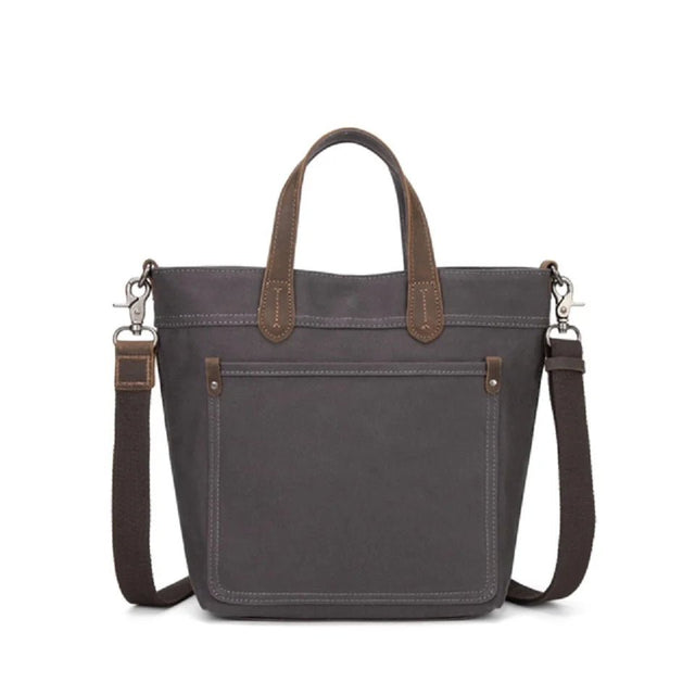 Gray handbag with brown accents on a white background - okotoks hc pharmacy