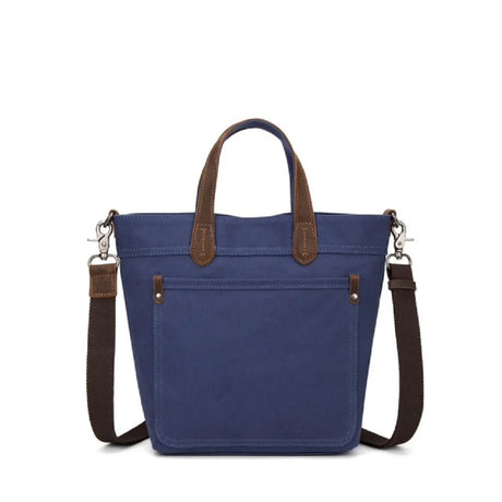 Blue tote bag with brown handles and strap on a white background - okotoks hc pharmacy