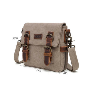 Beige crossbody bag with brown straps and measurements on a white background - okotoks hc pharmacy