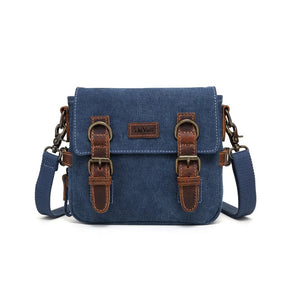 Blue canvas bag with brown leather straps on a white background - okotoks hc pharmacy