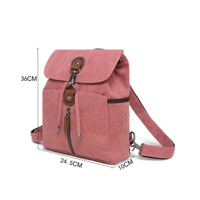 Pink backpack with measurements on a white background - okotoks hc pharmacy