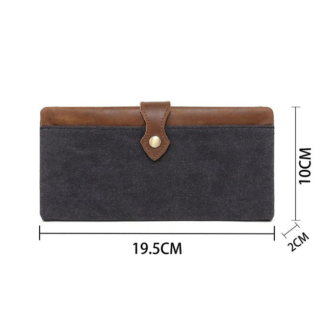 Black wallet with brown strap and measurements on a white background - okotoks hc pharmacy