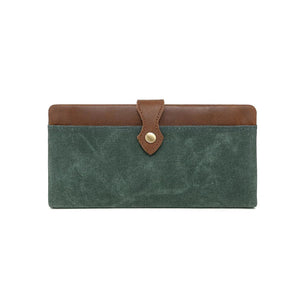 Green wallet with brown leather strap on a white background - okotoks hc pharmacy