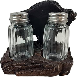 Glass salt and pepper shakers on a decorative stone base - okotoks hc pharmacy