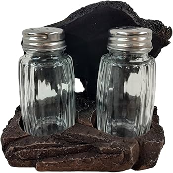 Glass salt and pepper shakers on a decorative stone base - okotoks hc pharmacy