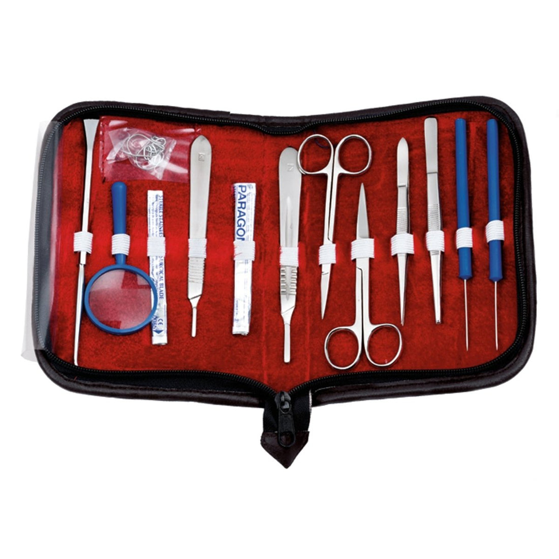 Set of surgical instruments in a red case with visible brand name on a white background - okotoks hc pharmacy