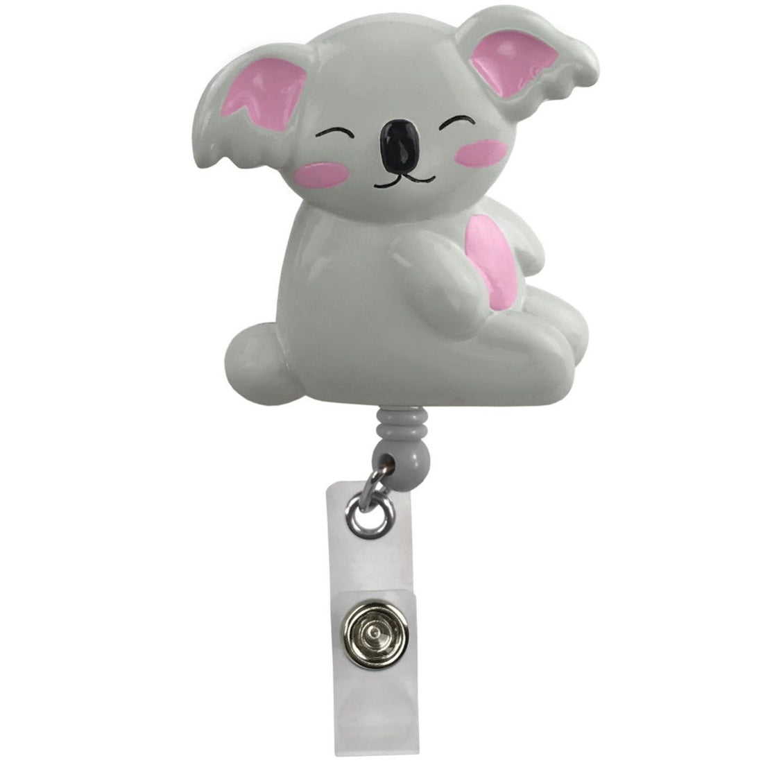 Gray koala-shaped badge holder with pink accents on a white background - okotoks hc pharmacy