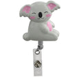 Gray koala-shaped badge holder with pink accents on a white background - okotoks hc pharmacy