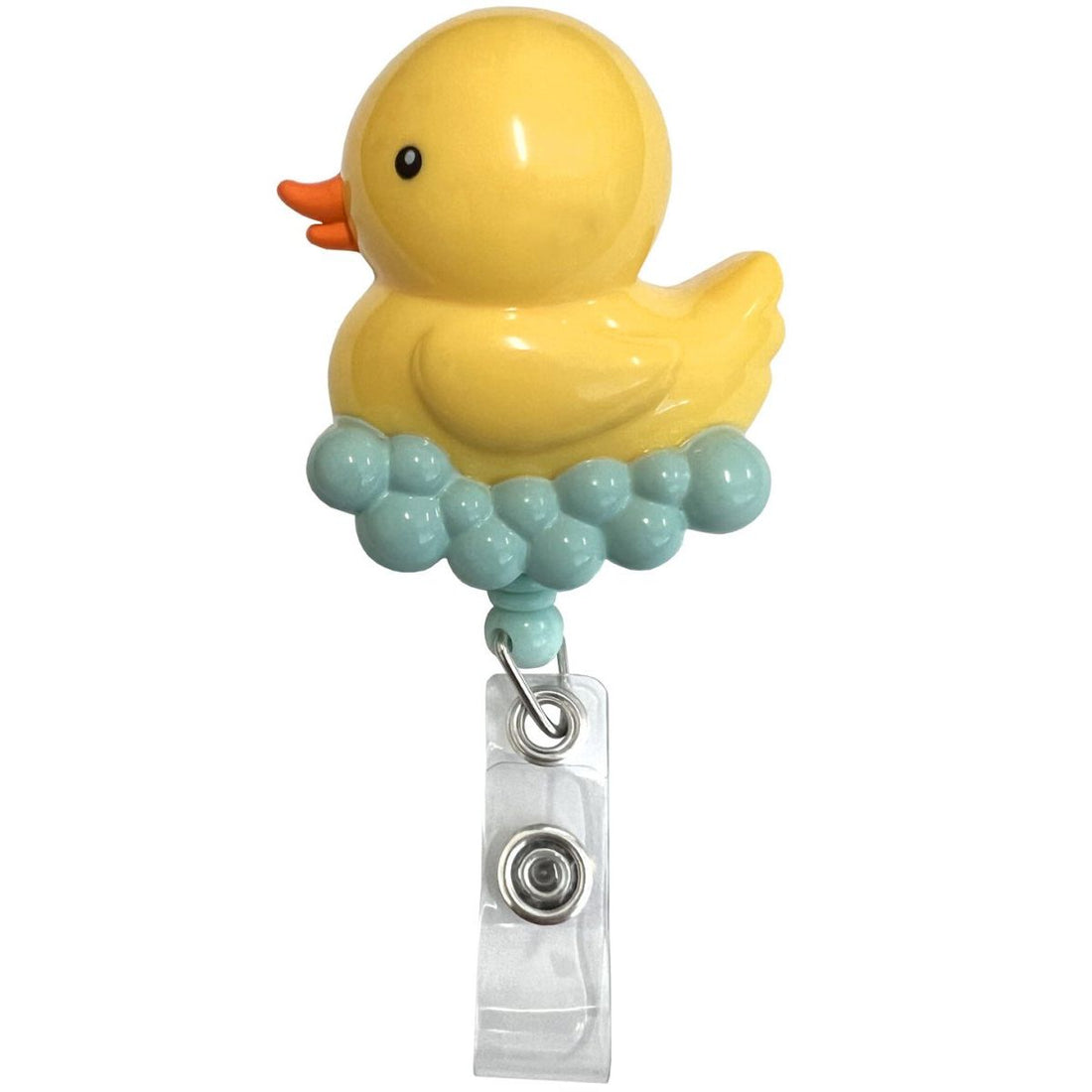 Yellow rubber duck with teal beads on a white background - okotoks hc pharmacy