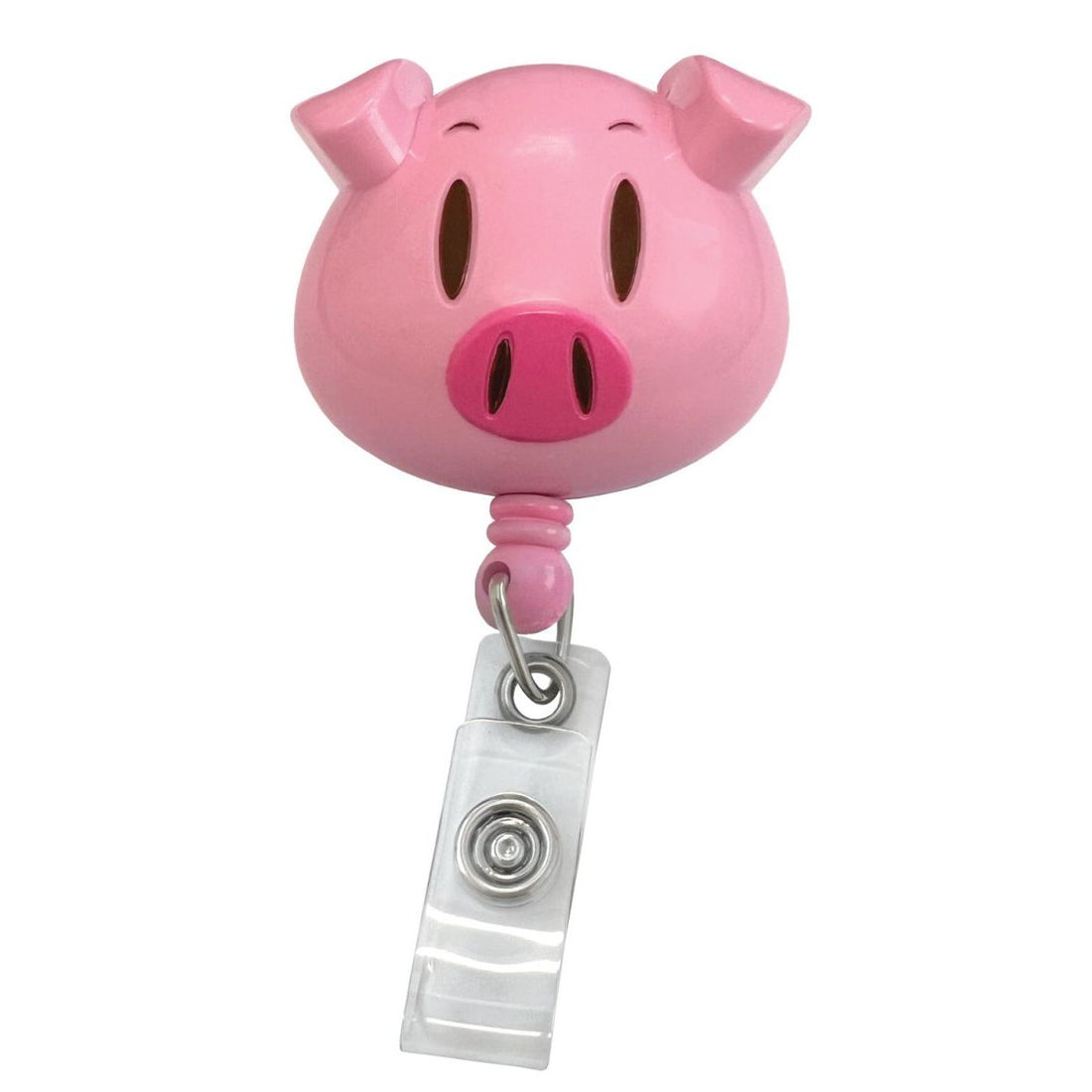 Pink pig-shaped badge holder on a white background - okotoks hc pharmacy