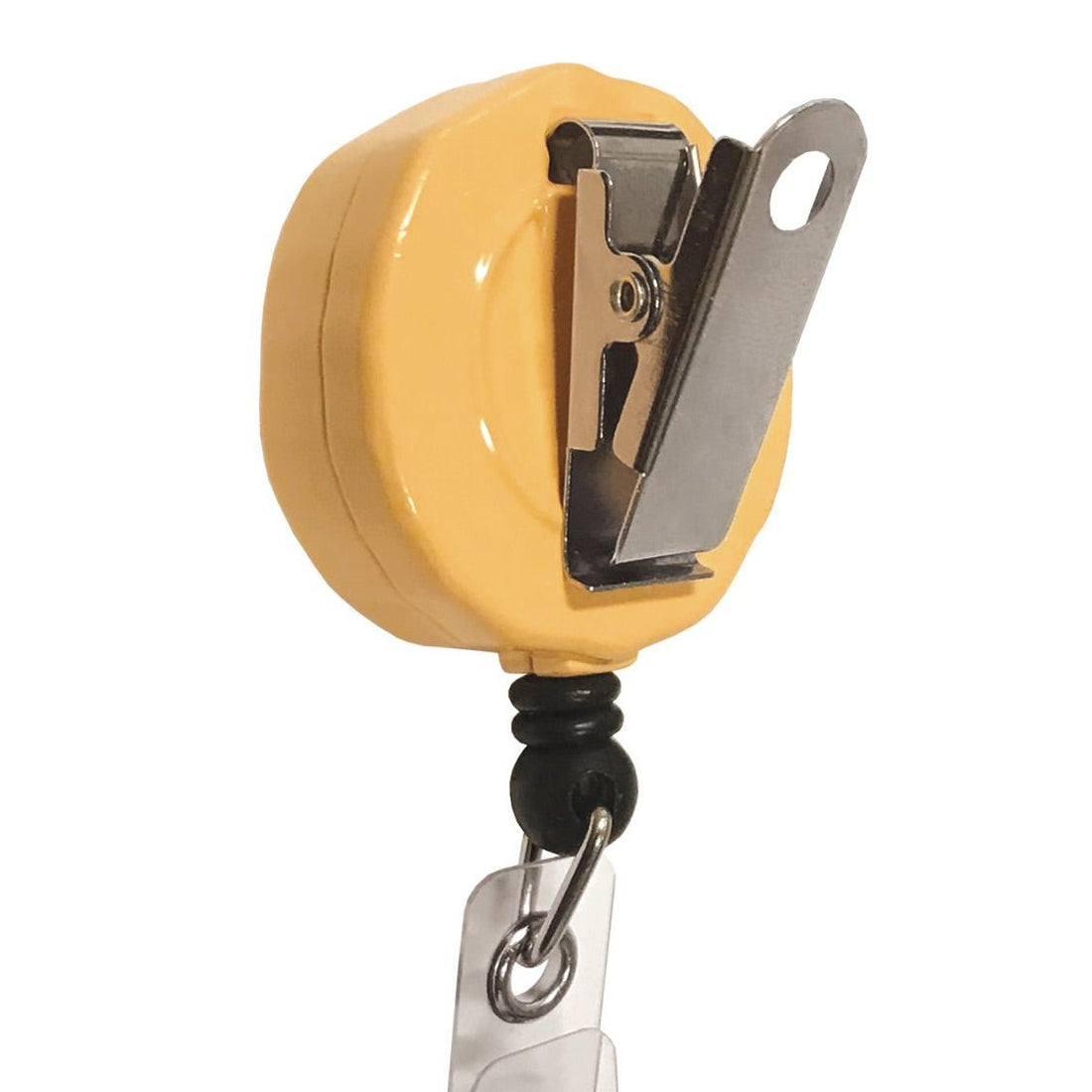 Yellow retractable badge holder with metal clip on a white background - okotoks hc pharmacy