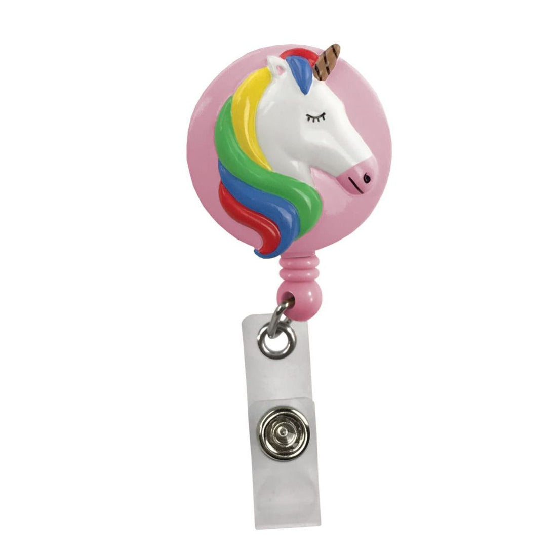 Unicorn-shaped badge holder with rainbow colors on a white background - okotoks hc pharmacy