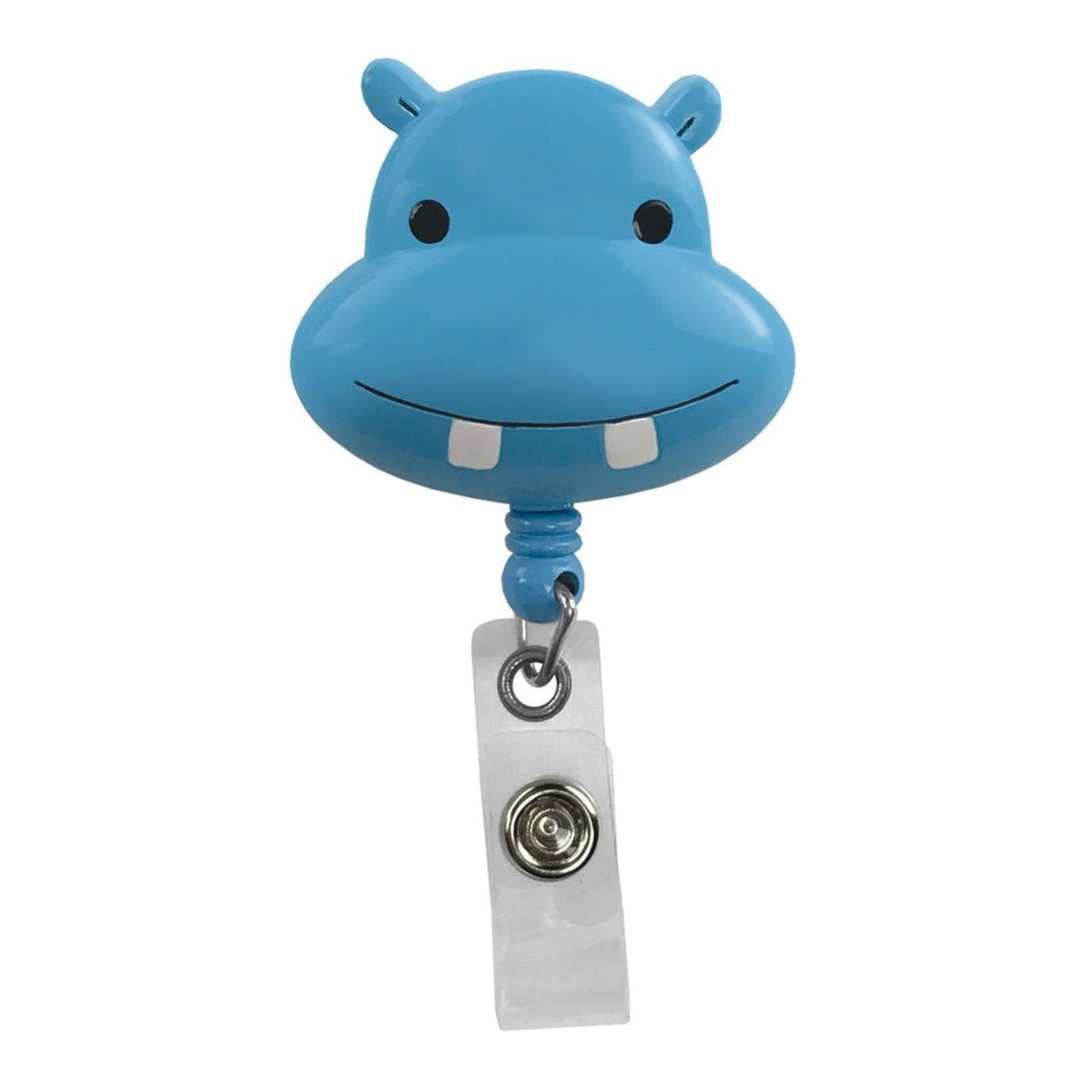 Blue hippo-shaped badge holder on a white background - okotoks hc pharmacy