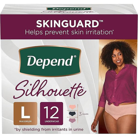 Depend Silhouette underwear packaging with a model wearing the product. - okotoks hc pharmacy