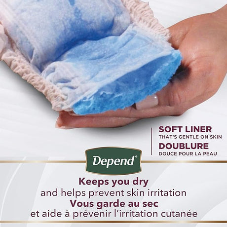 Hand holding a blue and pink soft liner with Depend branding and text about keeping dry and preventing skin irritation. - okotoks hc pharmacy