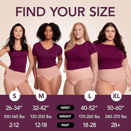 Size chart for women's underwear with four models wearing purple shirts and beige panties. - okotoks hc pharmacy