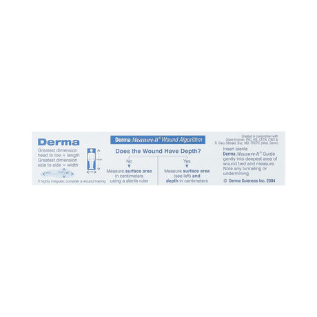 A Derma Measure-It! Wound Algorithm card, a sterile plastic medical measuring tool, featuring blue and black text and diagrams on a white background. - okotoks hc pharmacy