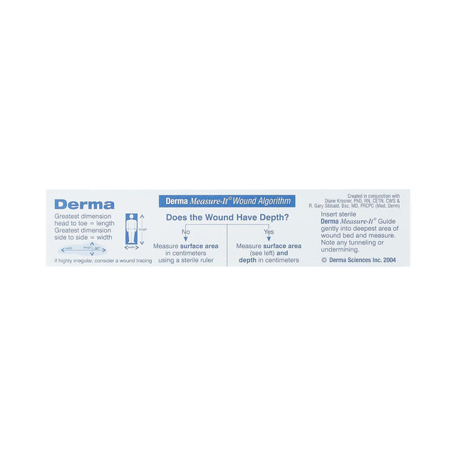 A Derma Measure-It! Wound Algorithm card, a sterile plastic medical measuring tool, featuring blue and black text and diagrams on a white background. - okotoks hc pharmacy