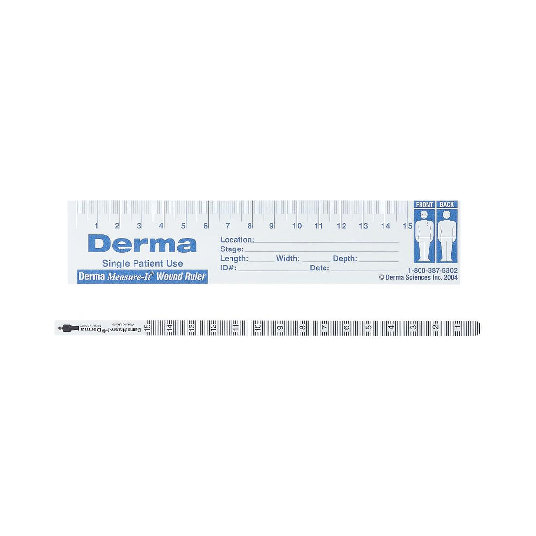 A Derma Wound Ruler single patient use measuring device shown on a plain white background, with the front side displaying blue branding and measurement markings, and a side profile view below. - okotoks hc pharmacy