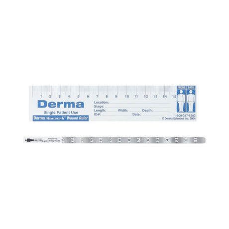 A Derma Wound Ruler single patient use measuring device shown on a plain white background, with the front side displaying blue branding and measurement markings, and a side profile view below. - okotoks hc pharmacy