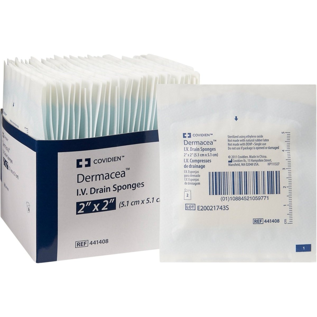 Coviden Dermacea I.V. Drain Sponges packaging on a white background - okotoks hc pharmacy