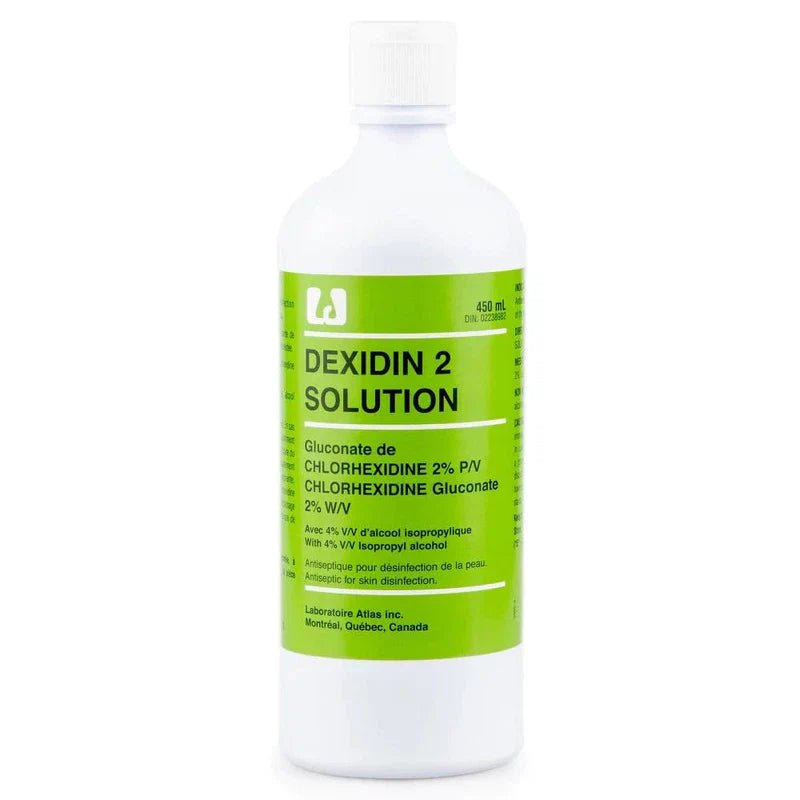 Bottle of Dexidin 2 Solution with green label on a white background - Okotoks HC Pharmacy