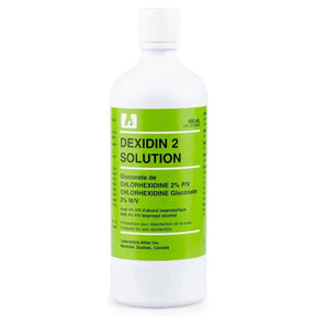 Bottle of Dexidin 2 Solution with green label on a white background - Okotoks HC Pharmacy