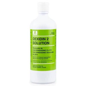 Bottle of Dexidin 2 Solution with green label on a white background - Okotoks HC Pharmacy