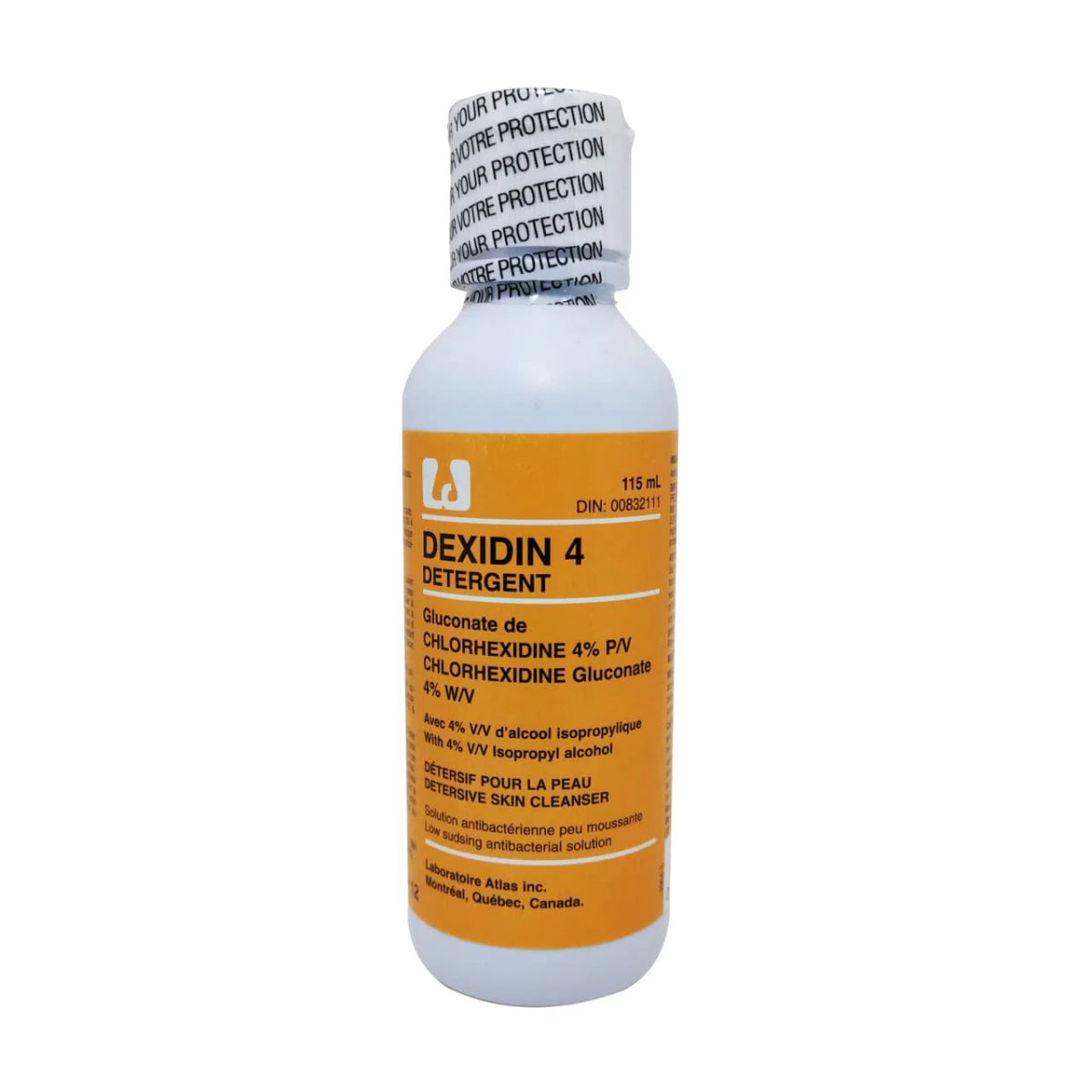 Bottle of Dexidin 4 Detergent with orange label on a white background - Okotoks HC Pharmacy