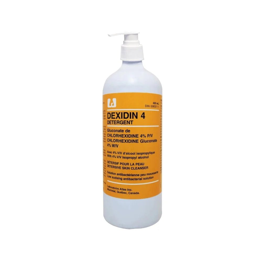 Dexidin 4 detergent bottle with orange label on a white background - Okotoks HC Pharmacy