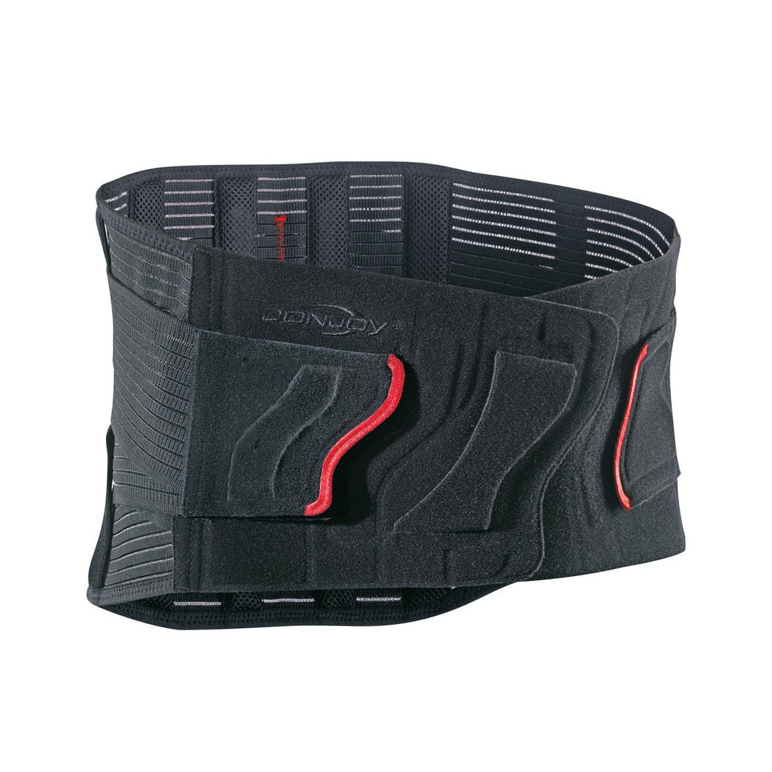 Black waist support belt with red accents on a white background - okotoks hc pharmacy