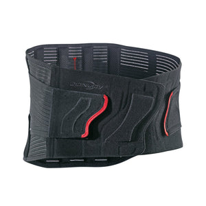 Black waist support belt with red accents on a white background - okotoks hc pharmacy