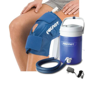 Blue Aircast knee brace with a cooler and power cord on a white background - okotoks hc pharmacy