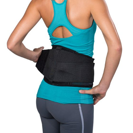A woman shown from the back wearing a black waist support belt over a turquoise athletic tank top and gray leggings, against a plain white background. - okotoks hc pharmacy