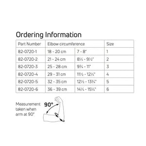 Measurement chart for elbow circumference with part numbers and size labels on a white background - Okotoks HC Pharmacy