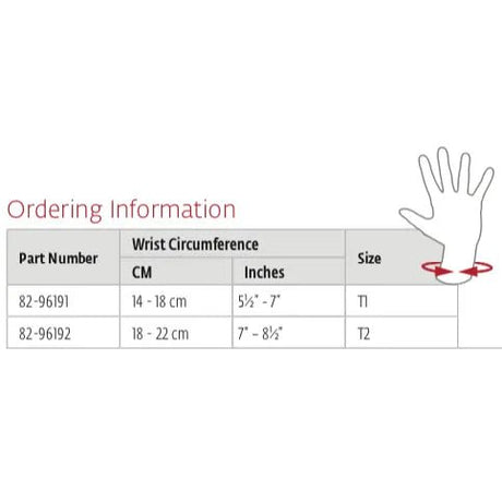 Hand size chart for ordering information with wrist circumference measurements. - okotoks HC Pharmacy