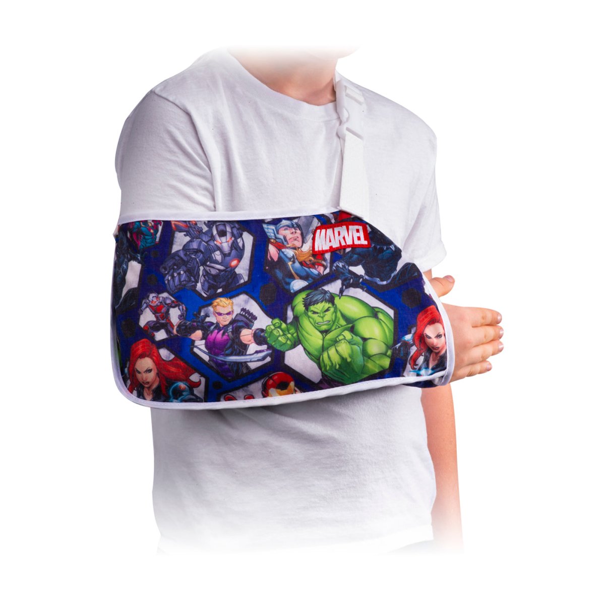 Marvel superhero-themed arm sling on a person's arm with a white background - Okotoks HC Pharmacy