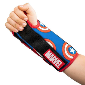 Hand wearing a Marvel wristband with Captain America logo on a white background - Okotoks HC Pharmacy