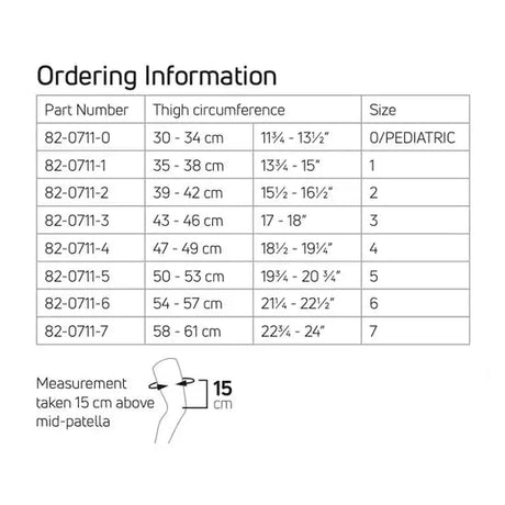 Table showing ordering information for thigh circumference measurements and corresponding sizes. - okotoks hc pharmacy