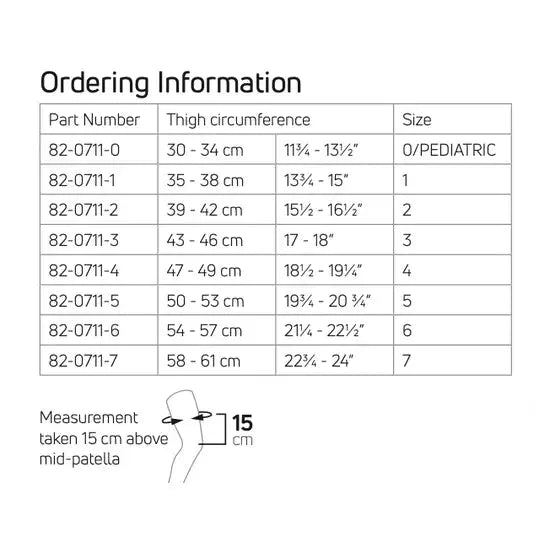 Table showing ordering information for thigh circumference measurements and corresponding sizes. - okotoks hc pharmacy