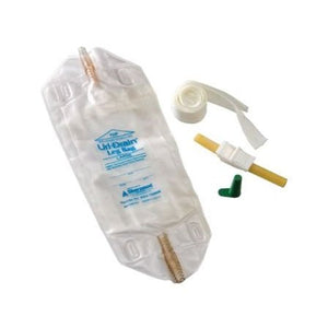 A clear plastic urinary bag with blue printed text, shown with a roll of white tape, a yellow and white connector piece, and a small green cap on a plain white background. - okotoks hc pharmacy